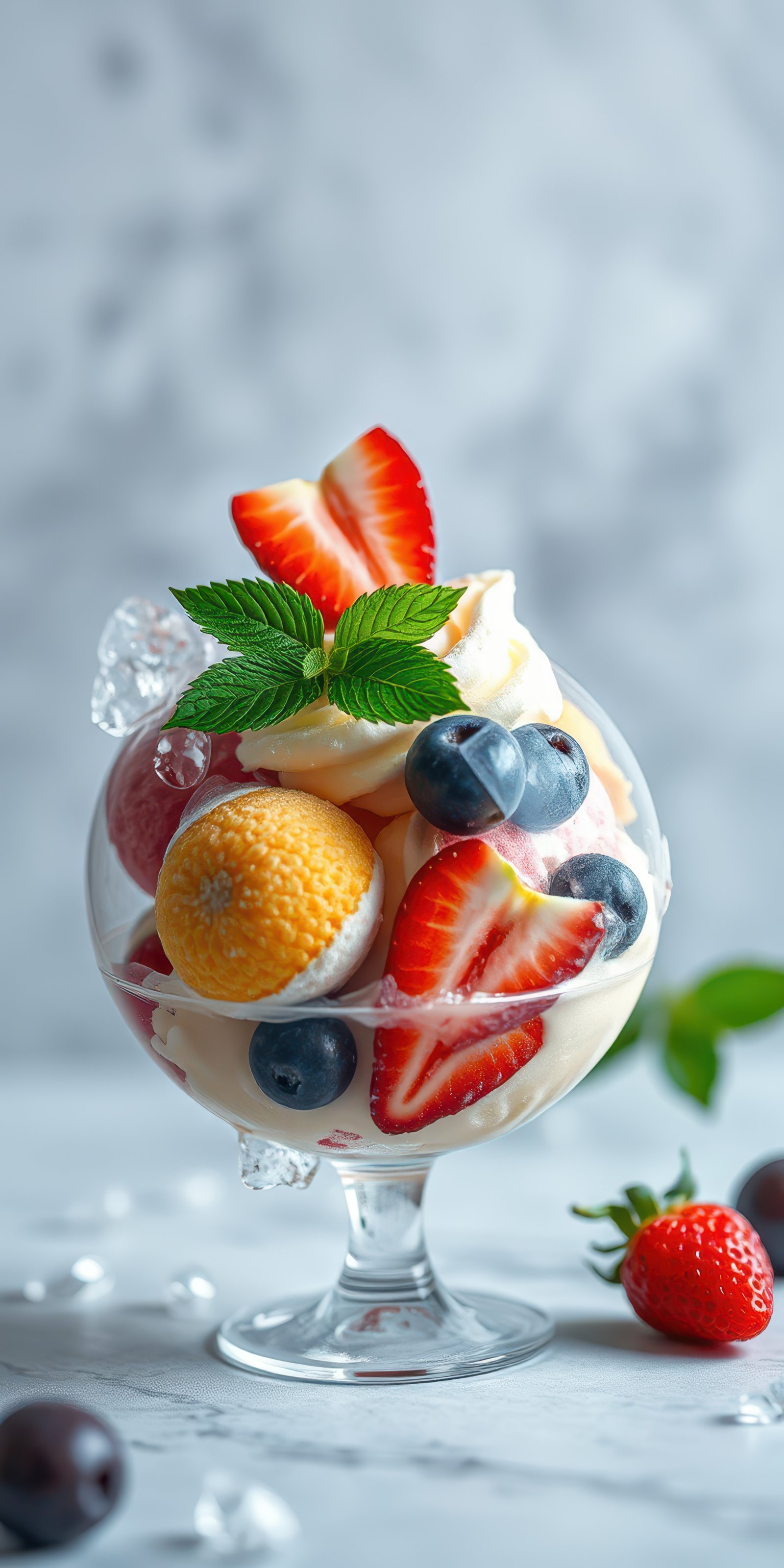 Colorful fruit salad in glass bowl topped with mint leaves and berries served on a marble countertop
